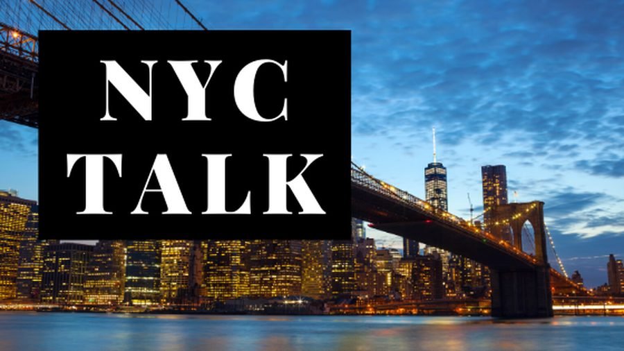 New York City skyline at dusk with the Brooklyn Bridge, promoting an NYC meet and greet talk