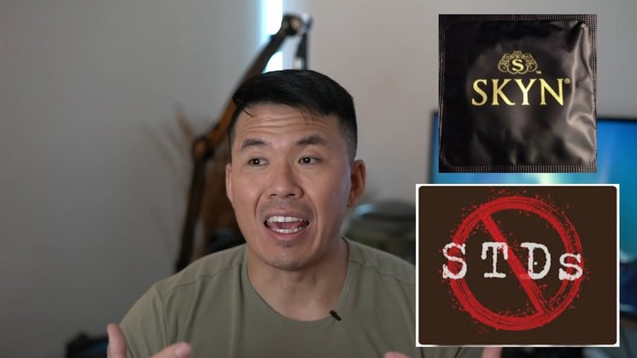 Mike discussing sexual health and safe dating practices, with a condom brand and STD-prevention graphic