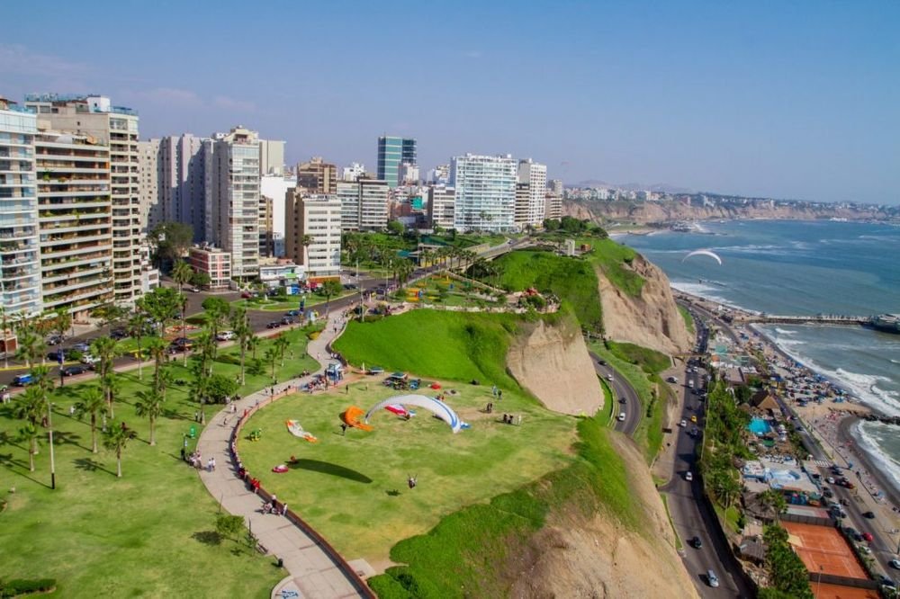 Miraflores district in Lima, Peru at sunset